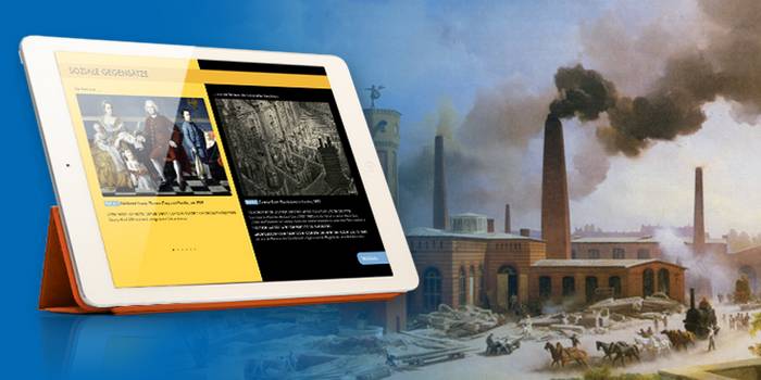 iPad zeigt interaktives iBook, im Hintergrund rauchende Schornsteine der ersten Fabrik, Cromford
