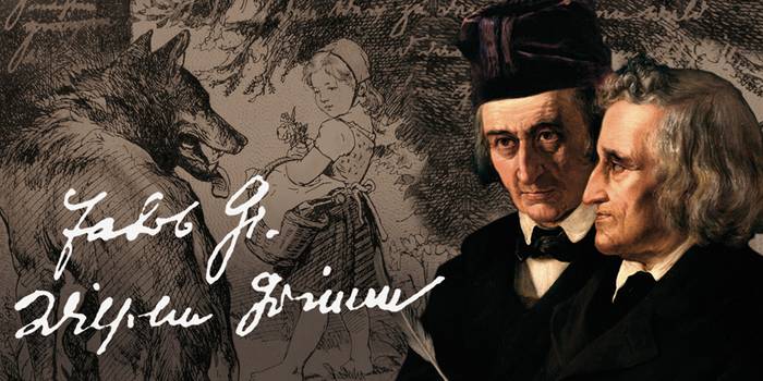Die Brüder Grimm mit Unterschriften vor einer Zeichnung: Rotkäppchen und der böse Wolf
