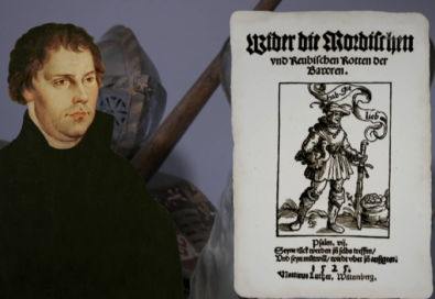 Martin Luther mit seiner Schrift "Wider die mörderischen und räuberischen Rotten der Bauern"