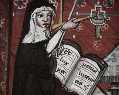Nun with an medieval handwriting